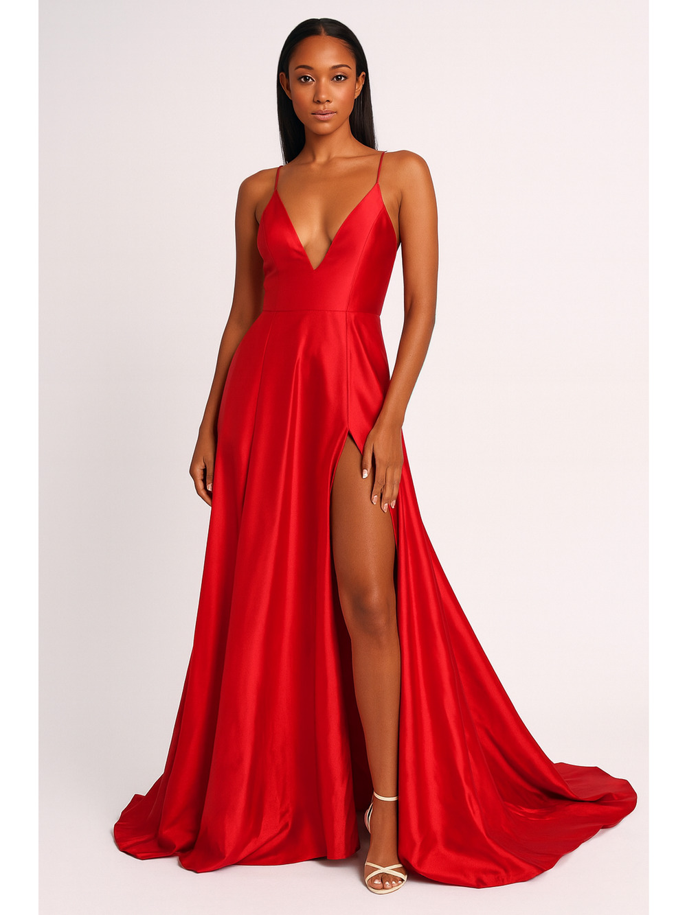 Sherri Hill Red Satin A-Line Gown Size 16 – Deep V Neck, Leg Slit, Lace-Up Back